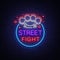 Street fight logo in neon style. Fight Club neon sign. Logo with brass knuckles. Sports neon sign on night fighting