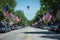 A street filled with parked cars is lined with vibrant American flags, creating