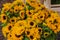 Street flower shop with sunflower bouquets