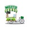 Street food cocktails Mojito drink cart. Fast food delivery beverages. Fast food cart green color on a white background