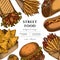 Street food hand drawn illustration design. Background with retro sauces, nachos, gyros, burger, taco, shawarma, french