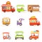 Street Food Kiosk Collection On Wheels And Without With Smiling Vendor Serving Fast Food Vector Illustrations