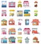 Street food kiosk icons set, cartoon style