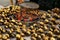 Street Food Market. Cooking Roast Chestnuts On Charcoal Closeup