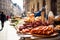 Street food on quiet European street. Generative AI