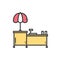 Street food retail thin line icon. Food trolley, truck, kiosk, wheel market stall, mobile cafe, shop, trade cart. Vector