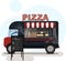 Street food truck with pizza. Vector flat illustration of a pizza place on wheels with a striped awning, hand-drawn