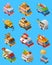 Street Food Trucks Isometric Icons Set