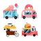 Street food trucks set, isolated on white background. Vector flat colorful illustration. Fast food meals service