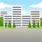 Street in front of high-rise apartment blocks or offices in a city. Vector illustration.