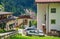 Street and Gardena castle in Santa Cristina village, Dolomites, South Tyrol, Italy