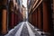 street of the historic center of Bologna by day. arcades, arcades, columns, passers-by, architecture. Italy