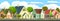 Street with houses in a small rural town. Cartoon cheerful flat style. Road. Village. Small cozy suburban cottages with