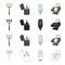 Street lamp, a lighter`s flame, an electric bulb, a floodlight. Light source set collection icons in cartoon black