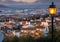 Street lamp lighting the winding street, at dusk,Granada,Andalucia,Spain