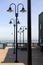 Street lamps line the Monterey pier.