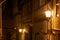 Street lamps at night on facades of half-timbered houses in Quedlinburg, Germany