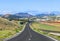 Street on Lanzarote island with view to Timanfaya volcanoes