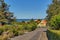 Street leading down towards Baltic sea in Svaneke, Bornholm island, Denmark