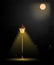 Street light in big city. Vintage style. Night romance of metropolis. Bright full moon in sky. Street lighting at night. Realistic