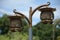 A street light illumination lamp post with two oriental design lanterns lamps against a nature garden backdrop