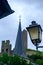 Street light, Pfarrkirche church and Lowenburg castle in the background at picturesque Monreal,  Eifel region, Germany