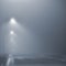 Street lights, foggy misty night, lamp post lanterns, deserted road in mist fog, wet asphalt tarmac, car headlights approaching