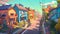 Street lined with colorful houses with solar panels on roofs, people cycling on road, AI generative illustration