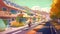 Street lined with colorful houses with solar panels on roofs, people cycling on road, AI generative illustration