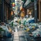 Street littered with packaging in busy shopping area, environmental issue