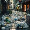 Street littered with packaging in busy shopping area, environmental issue