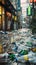 Street littered with packaging in busy shopping area, environmental issue