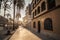 Street in maritime promenade at sunset of Vilanova i la Geltru,