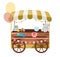 Street market wooden cart with toys flat vector illustration. Retro fair, funfair store stall on wheels. Trade trolley selling