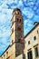 Street with medieval buildings and stone belfry of the city of Dubrovnik