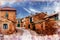 Street of the medieval red stone village Castrillo de los Polvazares, Leon, north-west Spain