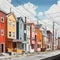 Street of multicolored houses in hyperrealistic illustrations style