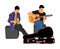 Street music performers with guitar and flute, clarinet vector illustration isolated on white background. Guitar player duet.