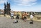 Street musicians play for tourists on the Charles bridge in Prague.