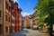 Street in Nuremberg. Half-timber work on the facade of wooden buildings in the German city of Nuremberg, Bavaria. Traditional arch