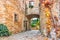 A street in the old town of Peratallada, Catalonia, Spain. Medieval street in the mediaval town in Europe. Panoramic view of old