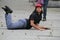 Street performer acting out on sidewalk,Faneuil Hall,Boston,Mass,2014