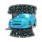 Street racing logo illustration, vector text and sports car. Print for t-shirt, sticker. Isolated on white background