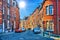 Street with red brick houses in Liege, Belgium, Benelux, HDR