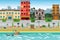Street resort beach town with hotels. The first line of hotels i