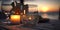 street restaurant ,life,Sunset city evening street cafe glass of orange wine and candles on wooden table ,houses and blurred light