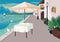 Street restaurant in seaside resort village flat color vector illustration