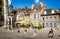 Street restaurants, cafes and fountain outside the Cathedral in Autun, Burgundy, France