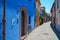 Street in Rimini with many-coloured houses, ancient city center. Vacation in beautiful Emilia Romagna, Italy