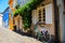 Street in Rimini with many-coloured houses, ancient city center. Vacation in beautiful Emilia Romagna, Italy